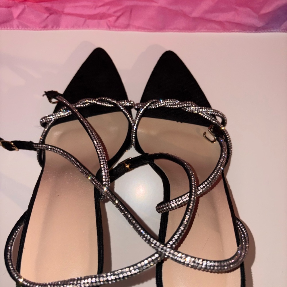 SHEIN Black Heels with Silver Rhinestone Straps